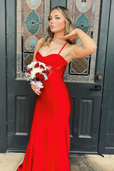 Red Prom Dress Ruche Satin Mermaid Spaghetti Straps Long Formal Dress